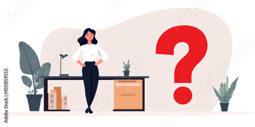 Confident businesswoman standing next to a desk with a large question mark, symbolizing decision-making and problem-solving in the workplace.