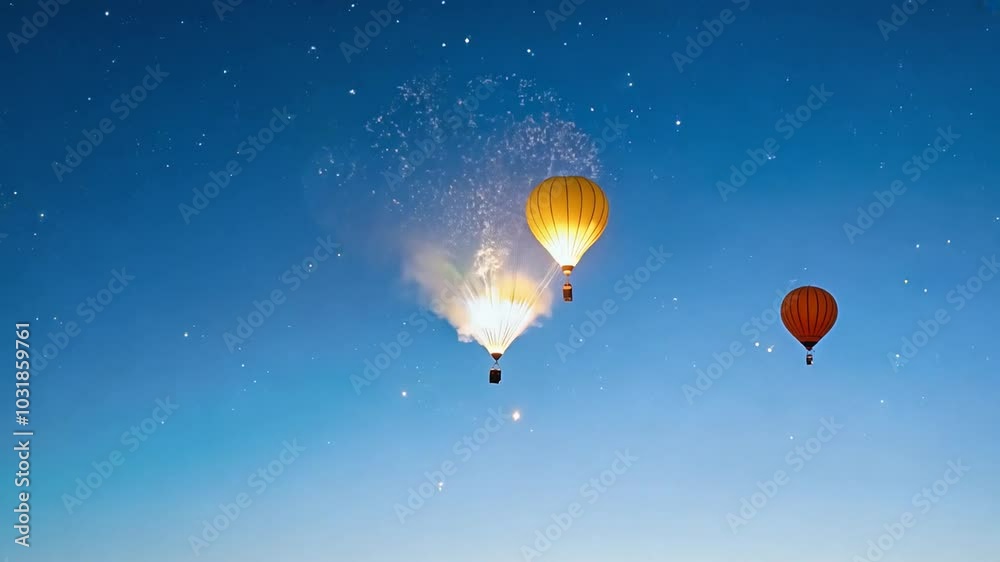 A group of hot air balloons floating in the sky at sunset. A group of hot air balloons floating in the sky at sunset.