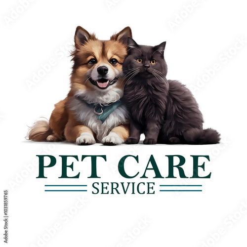  Hyper-realistic logo design of a pet care service , a fluffy dog and a sleek cat sitting together in harmony .png photo