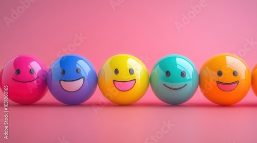 Vibrant colorful spheres with smiling faces on a pink background, symbolizing happiness, positivity and joyful expression.