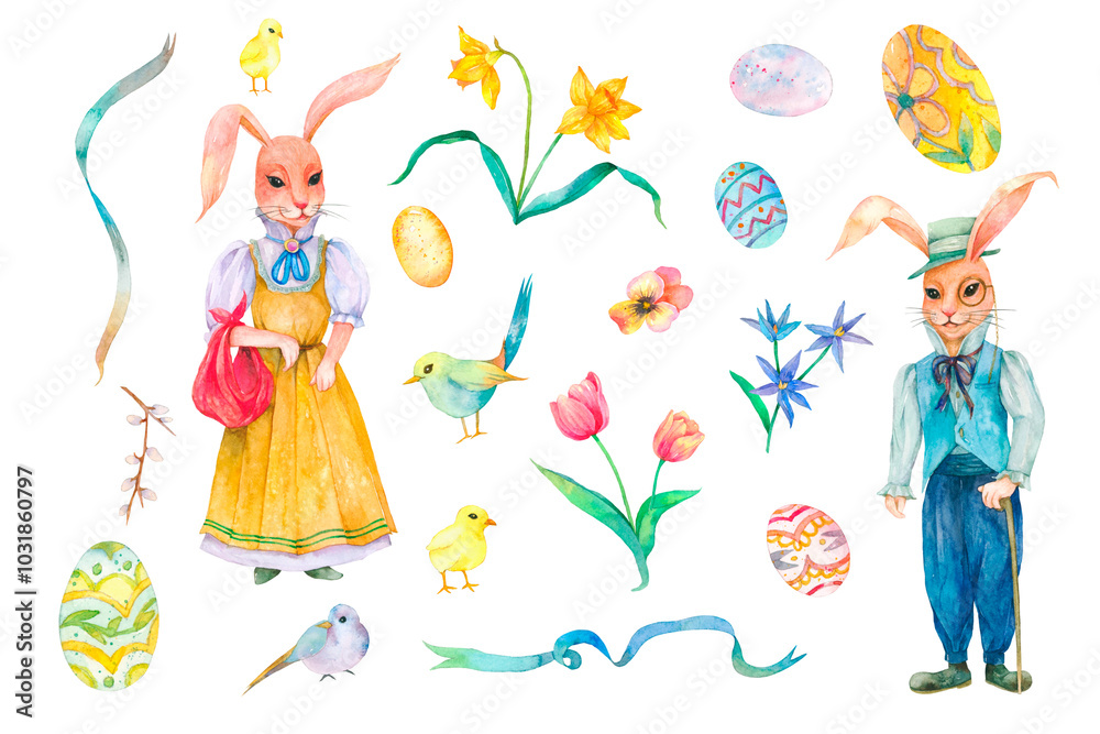 Easter garden png, rabbit characters, watercolor sticker set Easter garden png, rabbit characters, watercolor sticker set