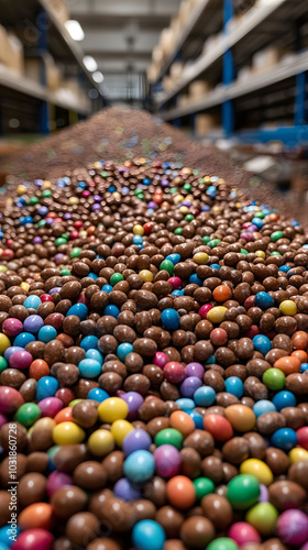 Vast mountain of colorful chocolate eggs in a bustling factory store, vibrant hues, enticing display, festive atmosphere, sweet indulgence photo