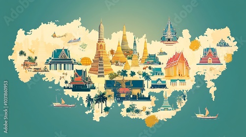 Colorful map of Thailand with landmarks and points of interest highlighted