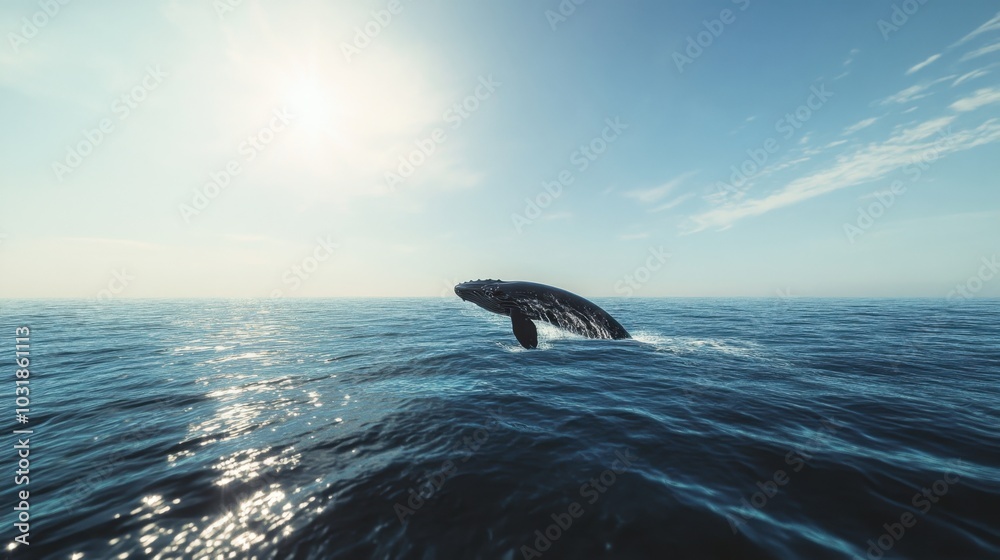 Obraz premium A detailed view of a whale surfacing for air in the open sea, with the water glistening under the bright sun.