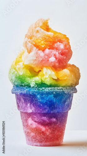 Vibrant rainbow shaved ice on a clean white backdrop, a colorful and refreshing treat perfect for warm days.