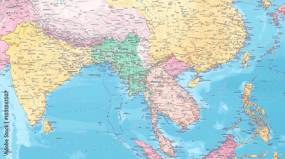 Obraz premium Political map of Thailand with clear province boundaries and capital city Bangkok highlighted