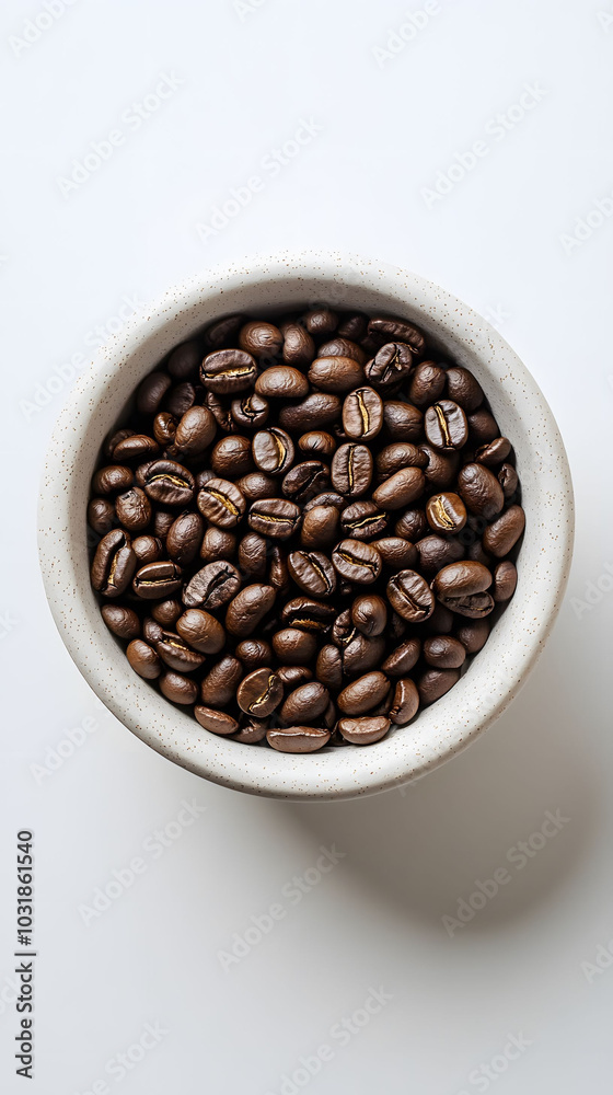 White paper container filled with coffee beans, minimalistic design, soft lighting, elegant presentation on a clean white backdrop White paper container filled with coffee beans, minimalistic design, soft lighting, elegant presentation on a clean white backdrop