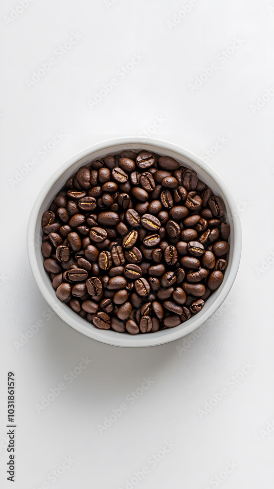 White paper container filled with coffee beans on a white surface, soft lighting enhances the minimalistic design and focus on the product. White paper container filled with coffee beans on a white surface, soft lighting enhances the minimalistic design and focus on the product.