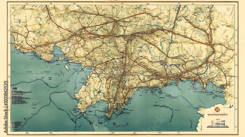 Thailand map showing roads, highways, and transportation networks across the country photo