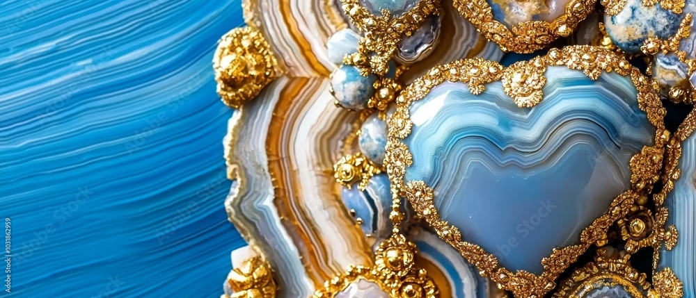 Obraz premium A tight shot of a blue-and-gold wallpaper featuring a heart-shaped object centrally positioned