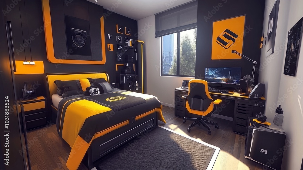 Contemporary bedroom in black and yellow tones with a gaming desk, bed, chair, and nightstand arranged neatly
