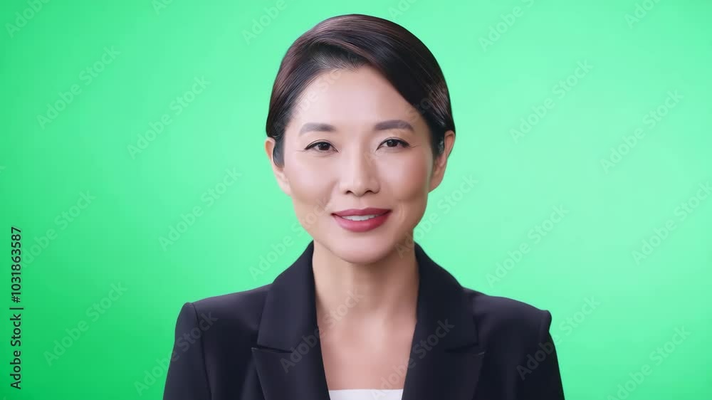 Asian woman in elegant suit having an interview on green screen background. News or documentary program, stream, webinar. Confident business woman speaking and looking in camera. Ready to chroma key 