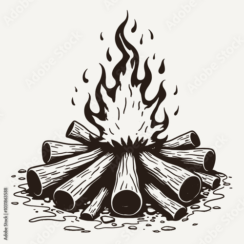 a black and white illustration of a campfire. The campfire is made up of several wooden sticks arranged in a pile, 