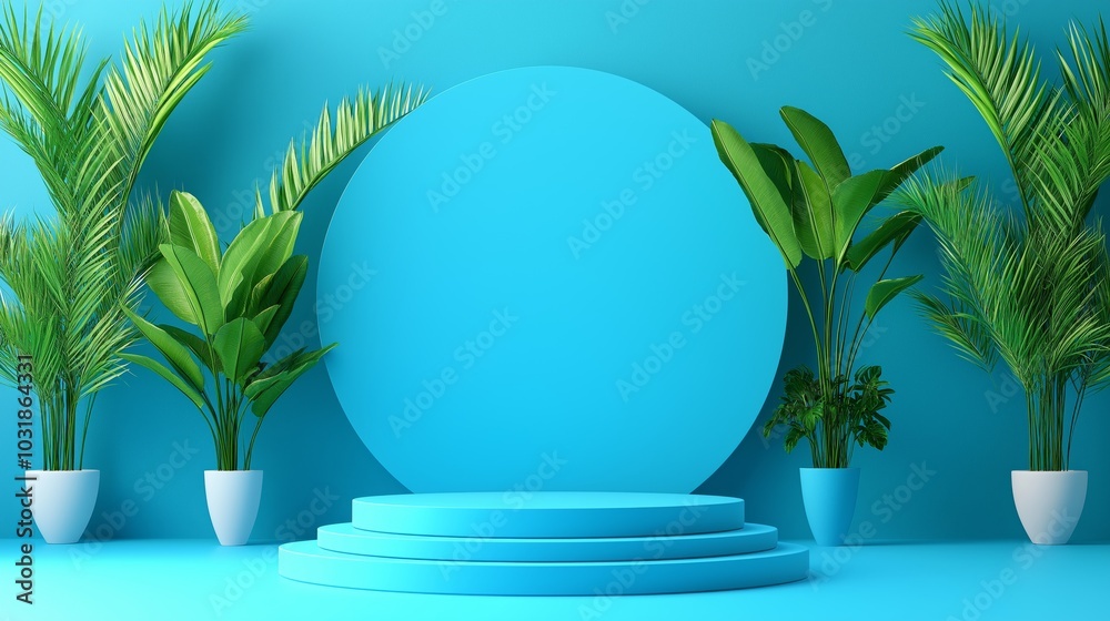 Blue Minimalist Product Display Stand with Palm Trees Blue Minimalist Product Display Stand with Palm Trees