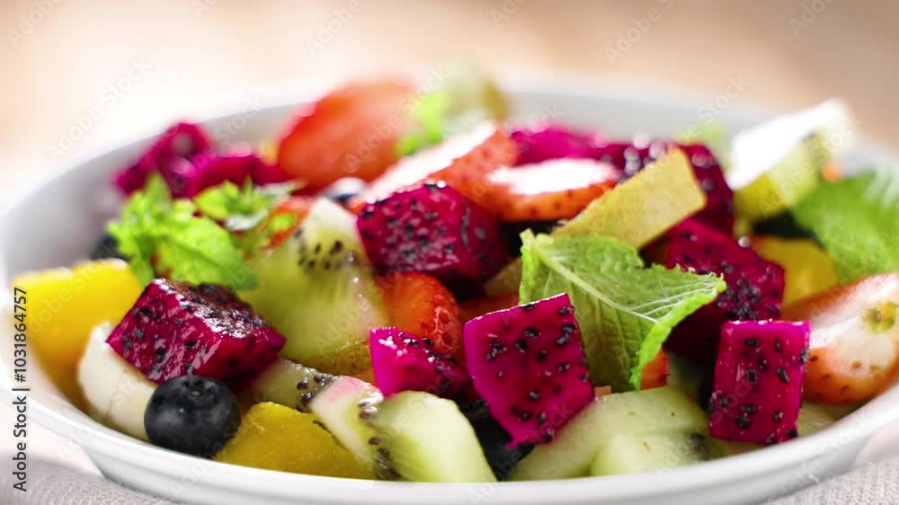 mixed fresh fruits salad with dragon fruit, kiwi, mango,banana mixed fresh fruits salad with dragon fruit, kiwi, mango,banana