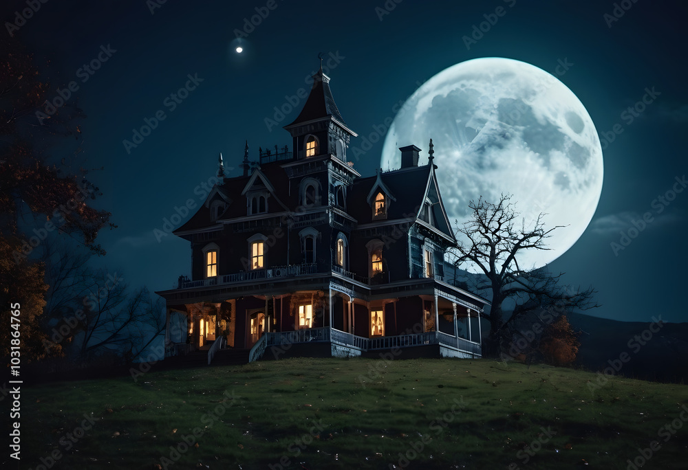 A creepy haunted mansion glowing under the eerie Halloween moon, surrounded by fog and shadows A creepy haunted mansion glowing under the eerie Halloween moon, surrounded by fog and shadows