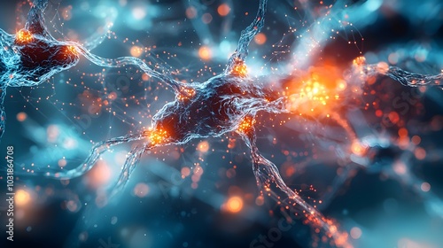 Glowing Neural Network with Futuristic Nanobots Repairing Damaged Nerves