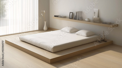 Simple and clean minimalist bedroom design featuring a low-profile bed, a floating shelf with minimal decor, and neutral colors