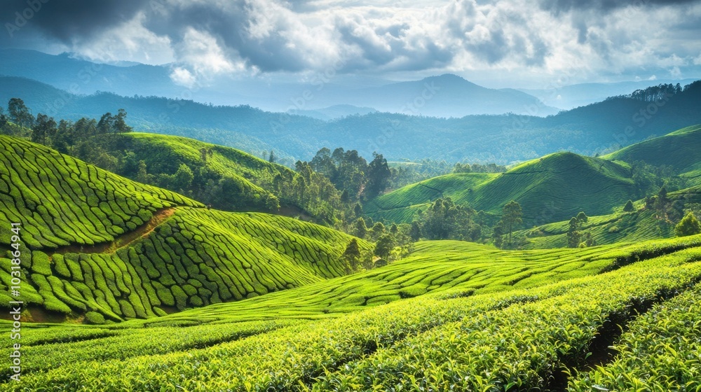 A detailed view of tea plantations in Munnar, with rows of green tea bushes stretching over rolling hills.