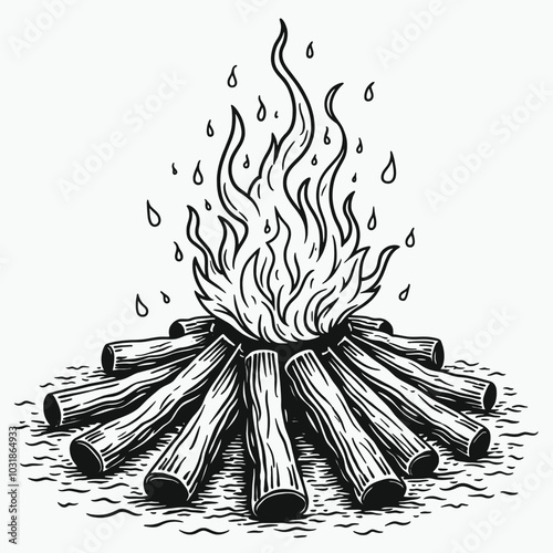 a black and white illustration of a campfire. The campfire is made up of several wooden sticks arranged in a pile, 