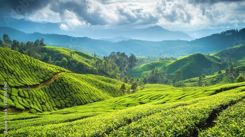 A detailed view of tea plantations in Munnar, with rows of green tea bushes stretching over rolling hills.