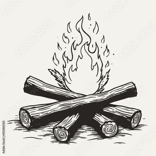 a black and white illustration of a campfire. The campfire is made up of several wooden sticks arranged in a pile, 