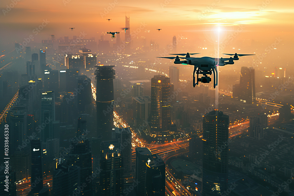 Drone flying in the sky over nature during observation Drone flying in the sky over nature during observation