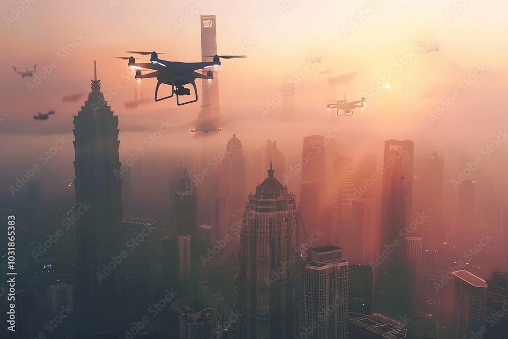 Drone flying in the sky over nature during observation