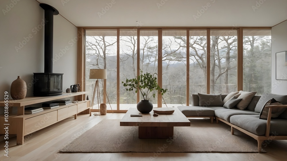 AI-Generated Image of a Japandi-Style Modern Minimalist Living Room with Large Floor-to-Ceiling Windows