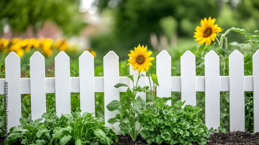 Small kitchen garden in raised beds with a variety of herbs and vegetables like parsley, spinach, and cherry tomatoes, surrounded by a charming picket fence and sunflowers Small kitchen garden in raised beds with a variety of herbs and vegetables like parsley, spinach, and cherry tomatoes, surrounded by a charming picket fence and sunflowers