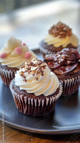 Decadent gourmet cupcakes elegantly arranged on a decorative plate, showcasing vibrant colors and exquisite toppings, perfect for any celebration.