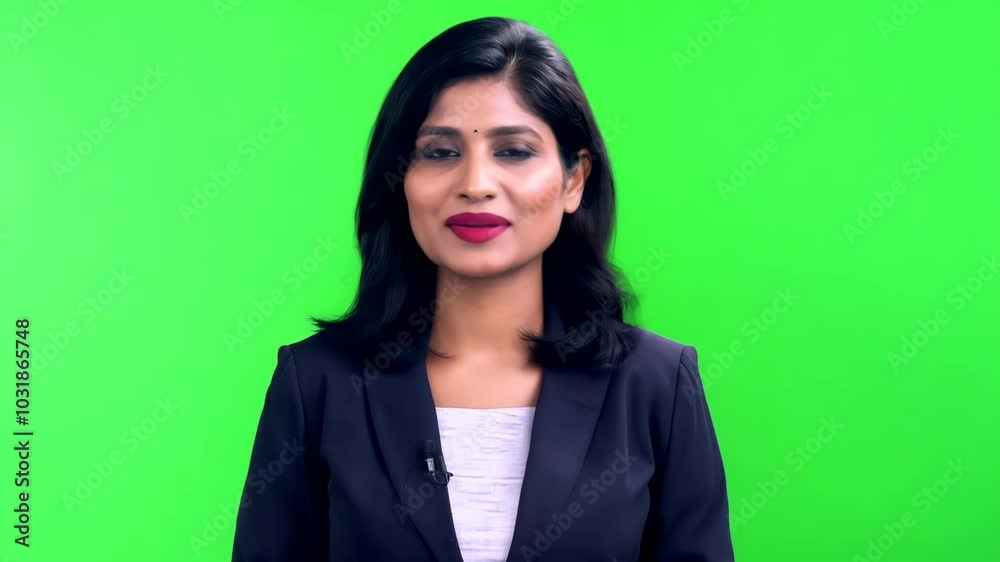 Indian woman in elegant suit having an interview on green screen background. News or documentary program, stream, webinar. Confident business woman speaking and looking in camera. Ready to chroma key Indian woman in elegant suit having an interview on green screen background. News or documentary program, stream, webinar. Confident business woman speaking and looking in camera. Ready to chroma key