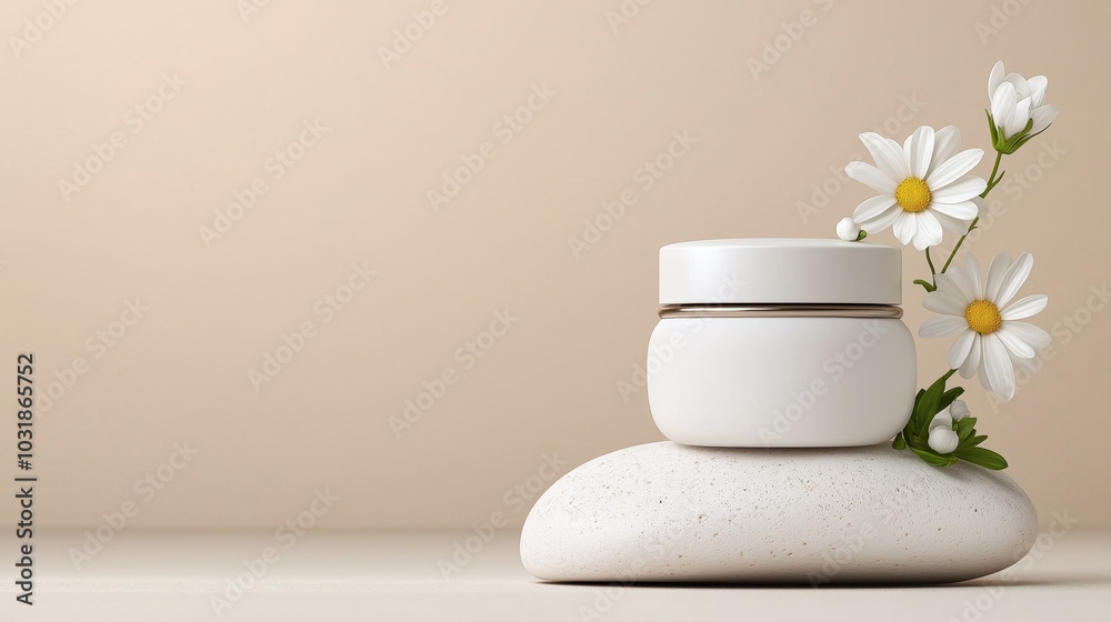 White Cream Jar with Daisies on Stone Minimalist Beauty Product Mockup White Cream Jar with Daisies on Stone Minimalist Beauty Product Mockup