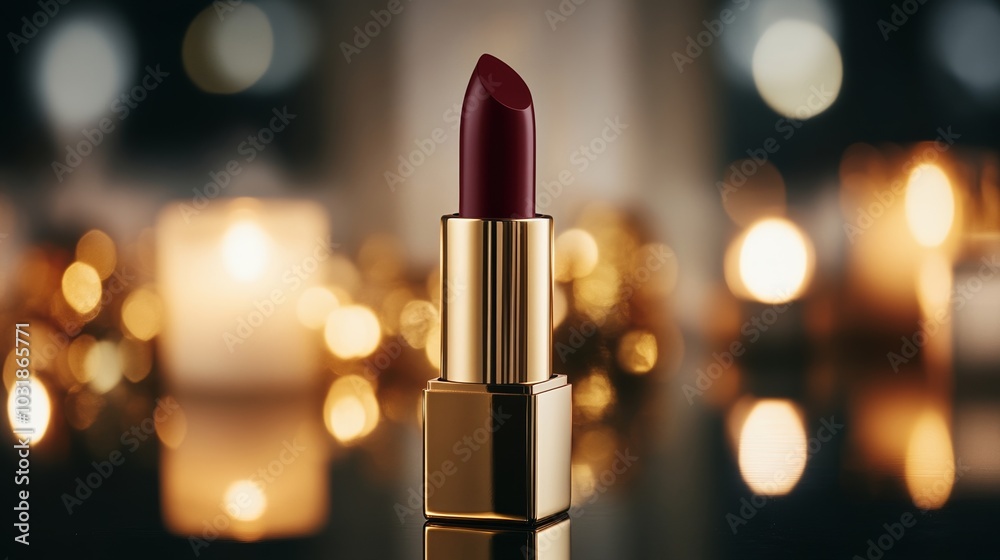 Sleek burgundy lipstick in a gold case, placed on a reflective surface, surrounded by shimmering makeup essentials and glowing candlelight Sleek burgundy lipstick in a gold case, placed on a reflective surface, surrounded by shimmering makeup essentials and glowing candlelight