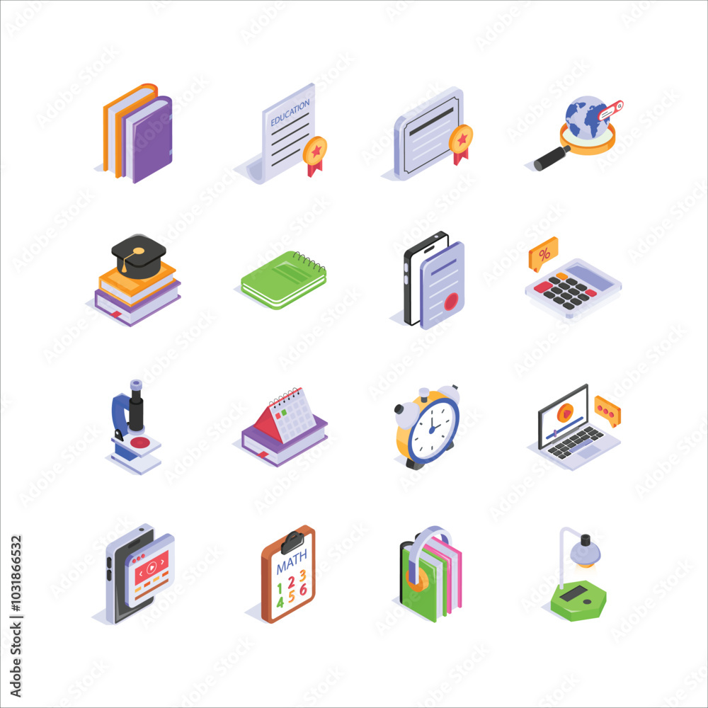 Vibrant isometric education icons, ready to use in website and mobile apps Vibrant isometric education icons, ready to use in website and mobile apps