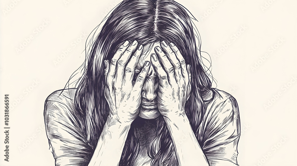 Facepalm woman drawing, disappointment guy sketch, sad covering face with hands, illustration