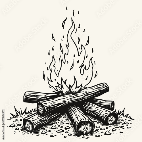 a black and white illustration of a campfire. The campfire is made up of several wooden sticks arranged in a pile, 