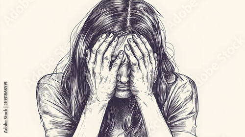 Facepalm woman drawing, disappointment guy sketch, sad covering face with hands, illustration