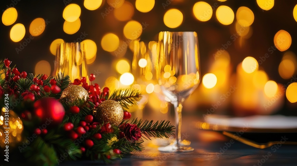 Christmas Background, Elegant table setting with Christmas decor and sparkling lights.