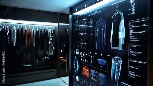 Futuristic wardrobe with smart clothing options displayed on interactive screens for personalized fashion recommendations photo