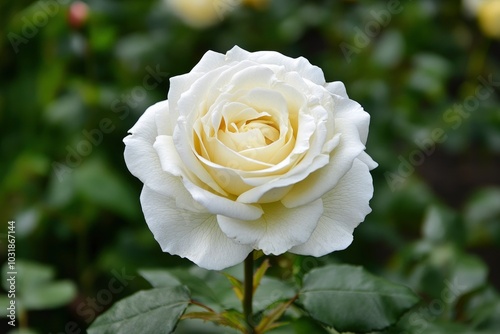 White rose in the Rosarium in the city Olomouc. Focus is on the rose. / White rose - generative ai