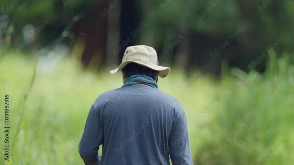 A man wearing a hat and a blue shirt is walking through a grassy field. The man is enjoying the outdoors and taking a leisurely stroll