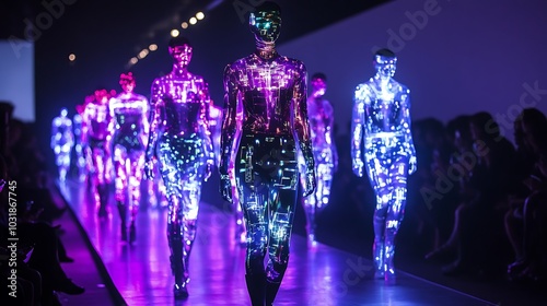 Models wearing futuristic clothing with digital displays showing real-time fashion analytics on a runway