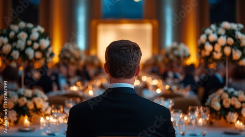 Elegant black-tie fundraiser dinner with guests seated at tables adorned with candles and flowers, while a speaker presents the mission of the charity on a beautifully lit stage 