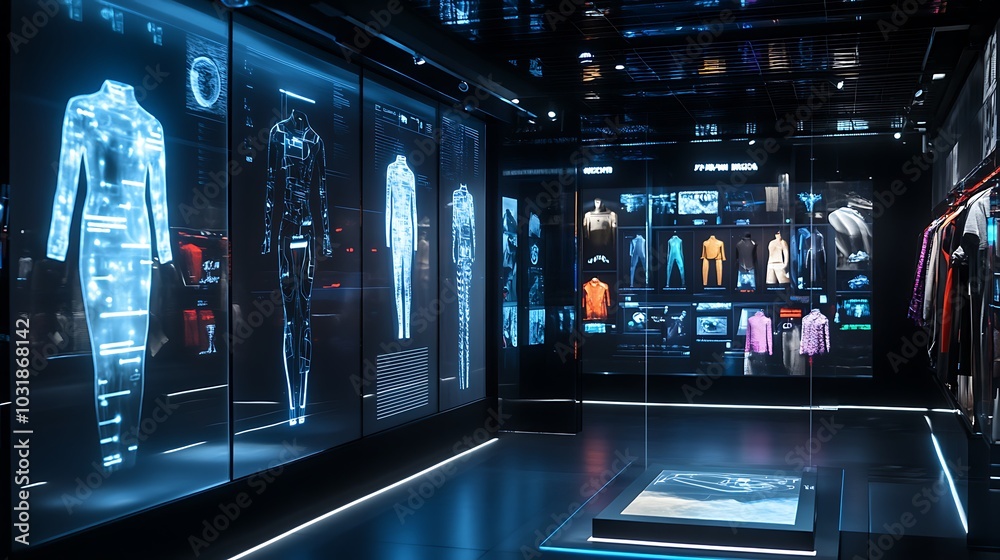 Smart clothing with integrated technology on display in a futuristic fashion store with interactive screens
