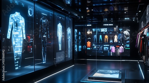 Obraz na płótnie Smart clothing with integrated technology on display in a futuristic fashion store with interactive screens w salonie