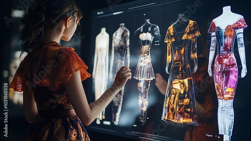 Obraz na płótnie Fashion design process involving AI and algorithms generating clothing concepts on a digital screen w salonie