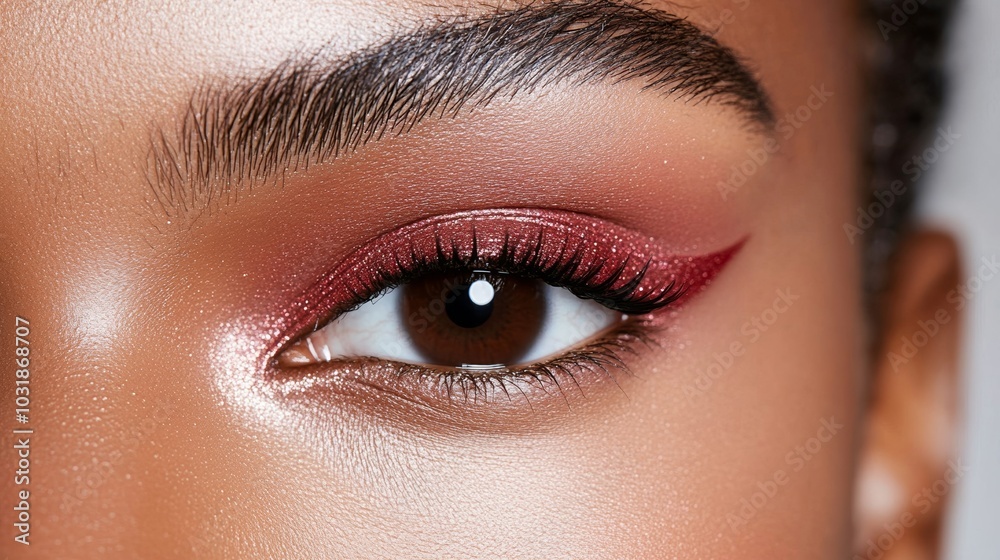 Fototapeta premium Close-up of a model's eye with sleek, bold burgundy eyeliner perfectly winged, contrasting against soft, neutral eyeshadow, creating a chic and elegant look 