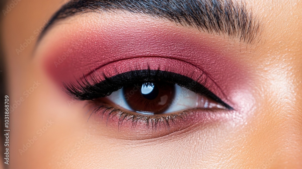 Obraz premium Close-up of a model's eye with sleek, bold burgundy eyeliner perfectly winged, contrasting against soft, neutral eyeshadow, creating a chic and elegant look