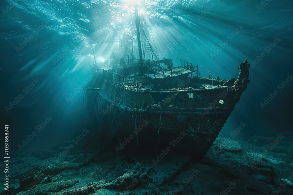 Underwater view of an sunken ship on seabed with fish swimming around